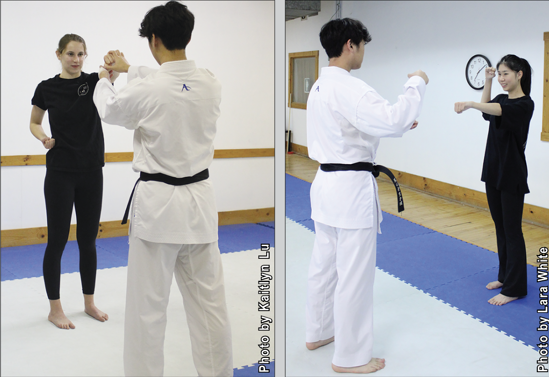 Editors Lara White (left) and Kaitlyn Lu practice their punches with senior Kai Nakamura. Lu and White attended a beginner class led by Nakamura on Nov. 12.
Photos taken by Kaitlyn Lu and Lara White